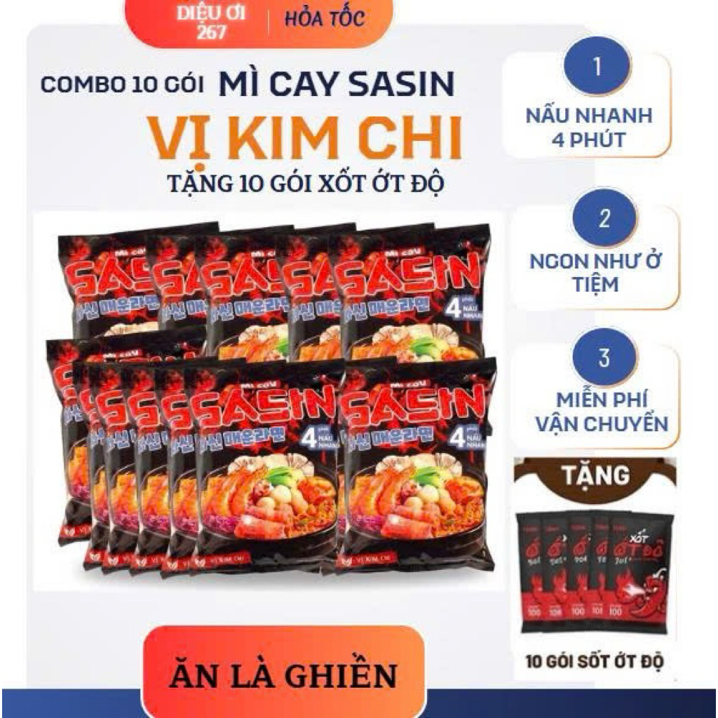 [ Combo 10 gói] Mì Cay Sasin Vị Kim Chi + Tặng 10 gói xốt ớt độ - CHUẨN VỊ SASIN