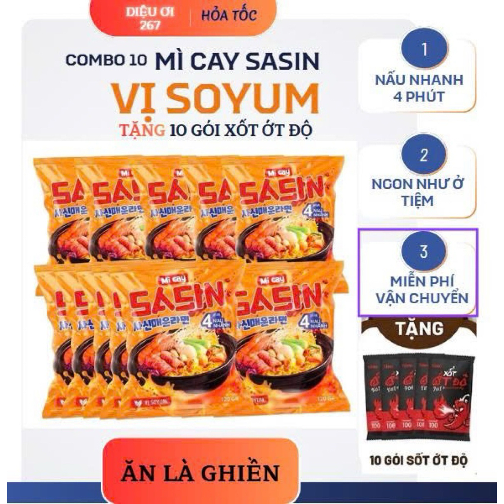 [COMBO 10] MÌ CAY SASIN VỊ SOYUM tặng 10 gói xốt ớt độ - CHUẨN VỊ MÌ CAY SASIN