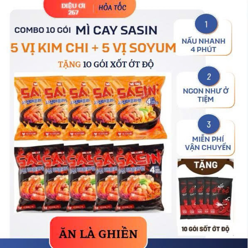 [ Combo 10] Mì Cay Sasin Mix vị (5 gói vị Kim Chi + 5 gói vị Soyum) Tặng 10 gói xốt ớt độ - CHUẨN VỊ