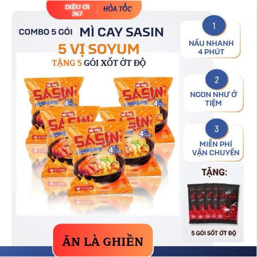 [COMBO 5] MÌ CAY SASIN VỊ SOYUM -   tặng 5 gói xốt ớt độ - CHUẨN VỊ MÌ CAY SASIN