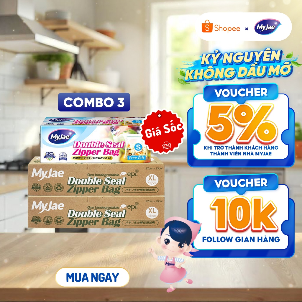 [COMBO 3 2XL+1S] Túi zip đựng thực phẩm trong suốt MyJae - Nhiều kích thước, đựng thực phẩm an toàn,