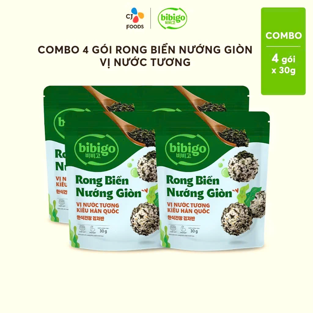 [BIBIGO]  COMBO 4GOI  Rong biển  vị nước tương Hàn Quốc Bibigo Gói 30g