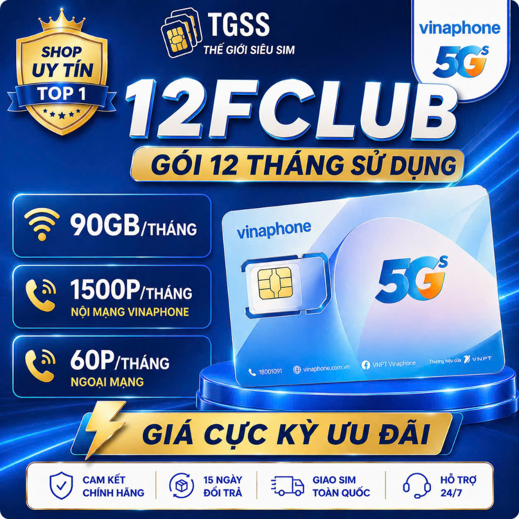 [Data 1 năm] Gói 12FCLUB 90/Tháng - Sim sử dụng 12 Tháng Data – Sim Data 4G 5G VINA - ĐKCC để dùng (