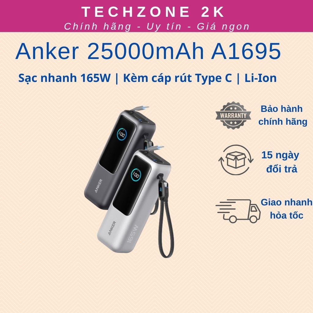 Pin sạc dự phòng ANKER 25000mAh 165W A1695 kèm cáp dây rút TypeC Chính hãng