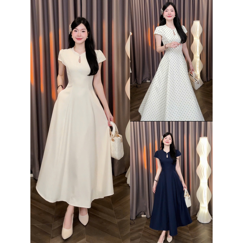 [Đ.39-D] Đầm Thiết Kết Cổ Giọt Nước Tiểu Thư Dáng Dài Tay Bồng (Có Túi) Women Top Dress | Tũm Clothi