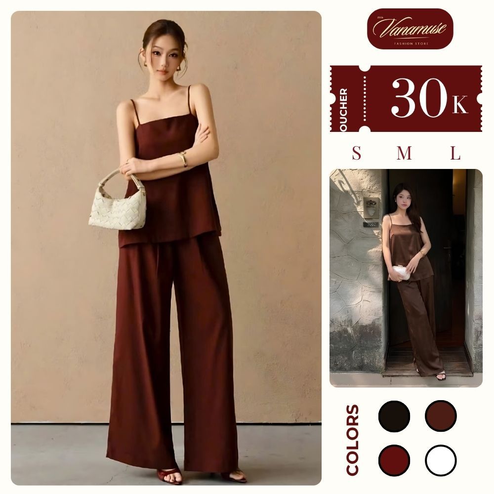 [MỞ BÁN GIẢM 50K] Set Áo 2 Dây Phối Quần Suông Dài Chất Liệu Vải Trượt Mềm Thoáng Mát Sang Chảnh | BigBuy360 - bigbuy360.vn