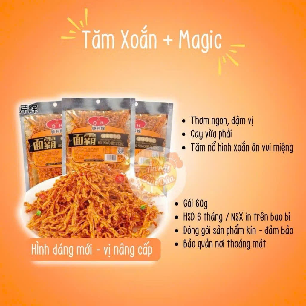 Tăm Xoắn Vàng + Magic Spice - ZHONG QINHUI - 60g/gói - Tăm Cay Giai Mềm Thấm Đẫm Gia Vị - Xuất Xứ Tr