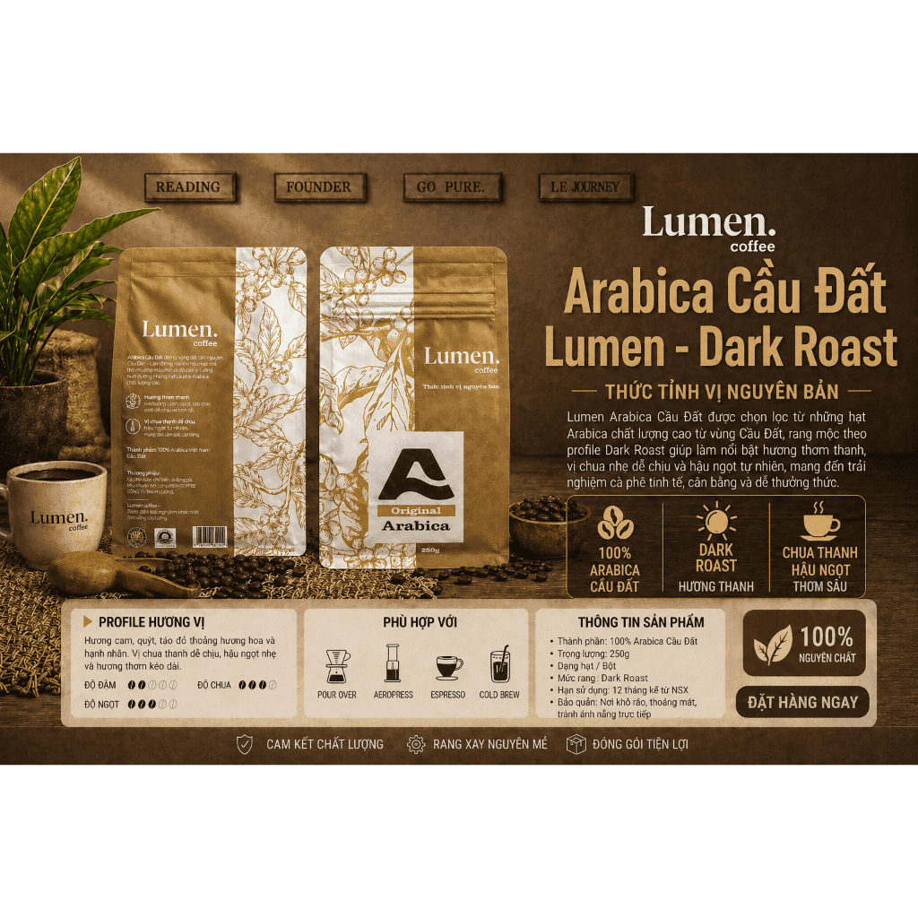 [DARK ROAST] Cà Phê Arabica Lumen – Thơm Nhẹ, Dễ Uống, Chua Thanh – Rang Mộc Nguyên Chất  – Cầu Đất 