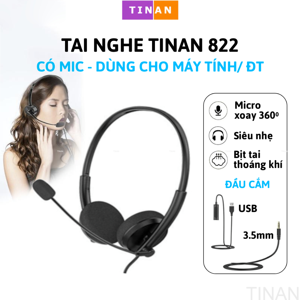 Tai Nghe Có Dây TINAN BW822 Kèm Mic, Thích Hợp Dùng Chăm Sóc Khách Hàng, Học…