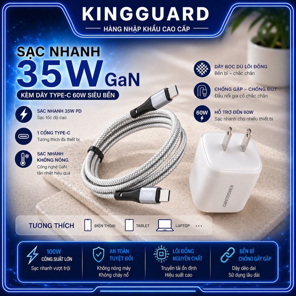 Bộ Sạc Nhanh 35W GaN KingGuard 1 Cổng Type-C Kèm Cáp PD (C-C 60W / C-L 35W) tặng kính - Nhỏ Gọn, Siê