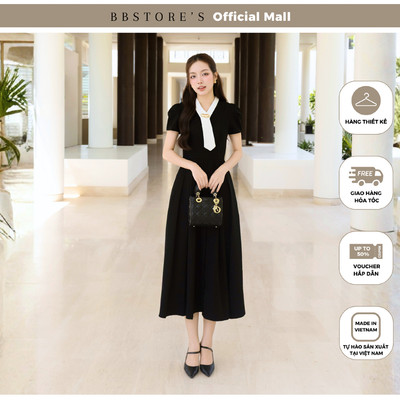 BBSTORE'S Đầm Xòe Công Sở Cotton Dài Xếp Ly Tuyết Cổ V Phối Vạt Cổ Rời - DAE24B
