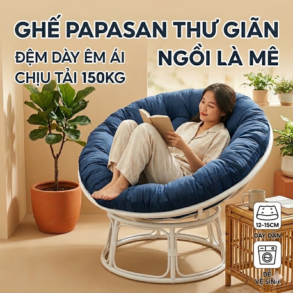 GHẾ LƯỜI PAPASAN 1M2 KÈM NỆM DÀY ÊM ÁI - GHẾ NẰM THƯ GIÃN ĐỌC SÁCH, XEM TIVI