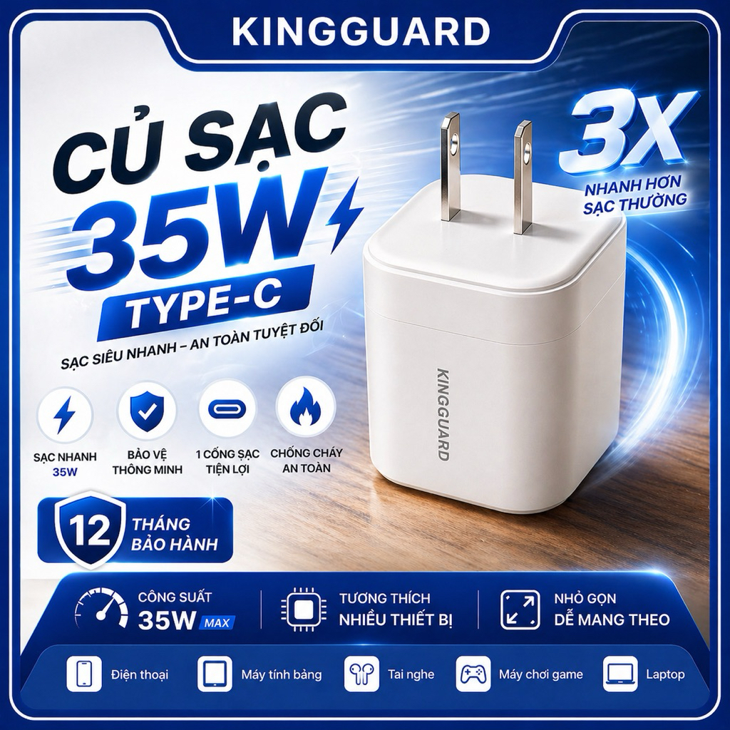 Củ Sạc Nhanh KINGGUARD 35W GaN Pro 1 Cổng - Chuẩn An Toàn UL/CE, Chống Cháy Nổ, Công Suất Thực PD 35