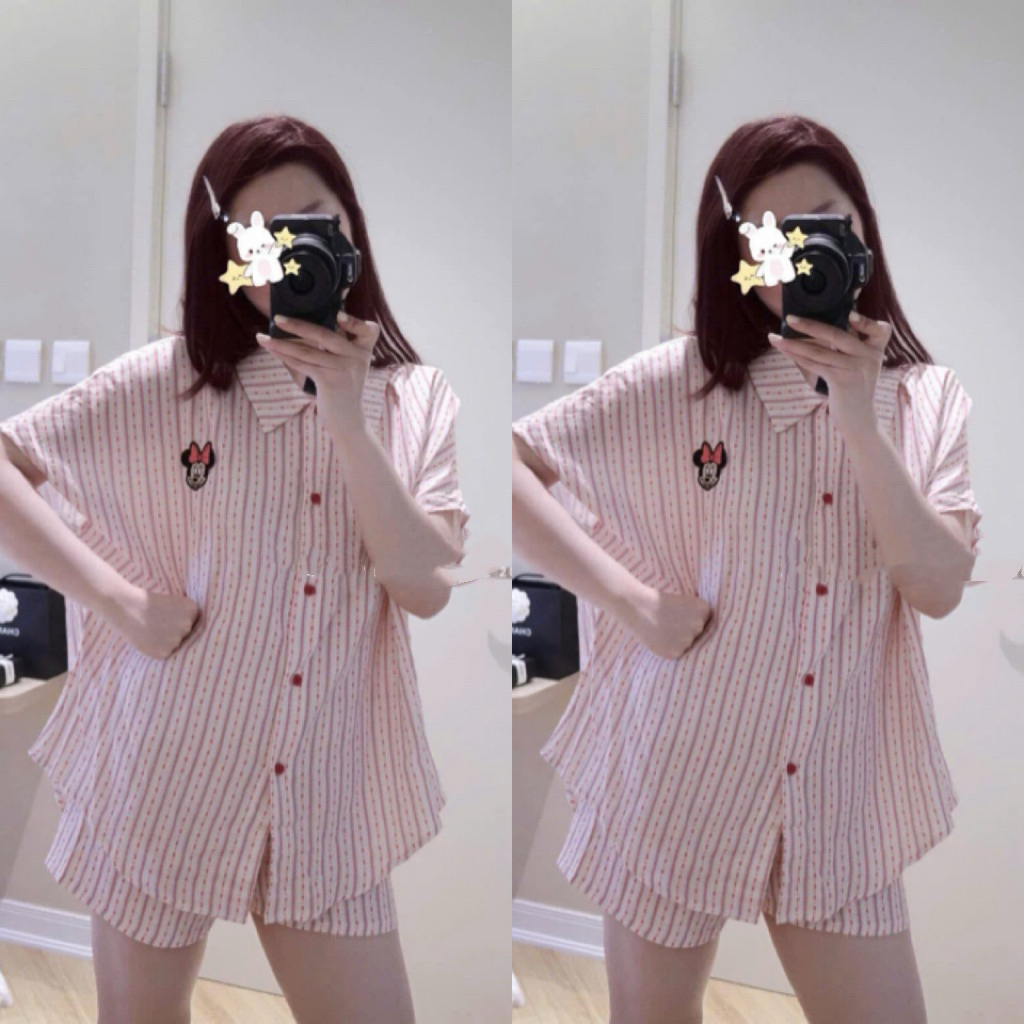 Set Bộ Nữ , Set Bộ Ngủ Pijama Cổ Bẻ Màu Pink