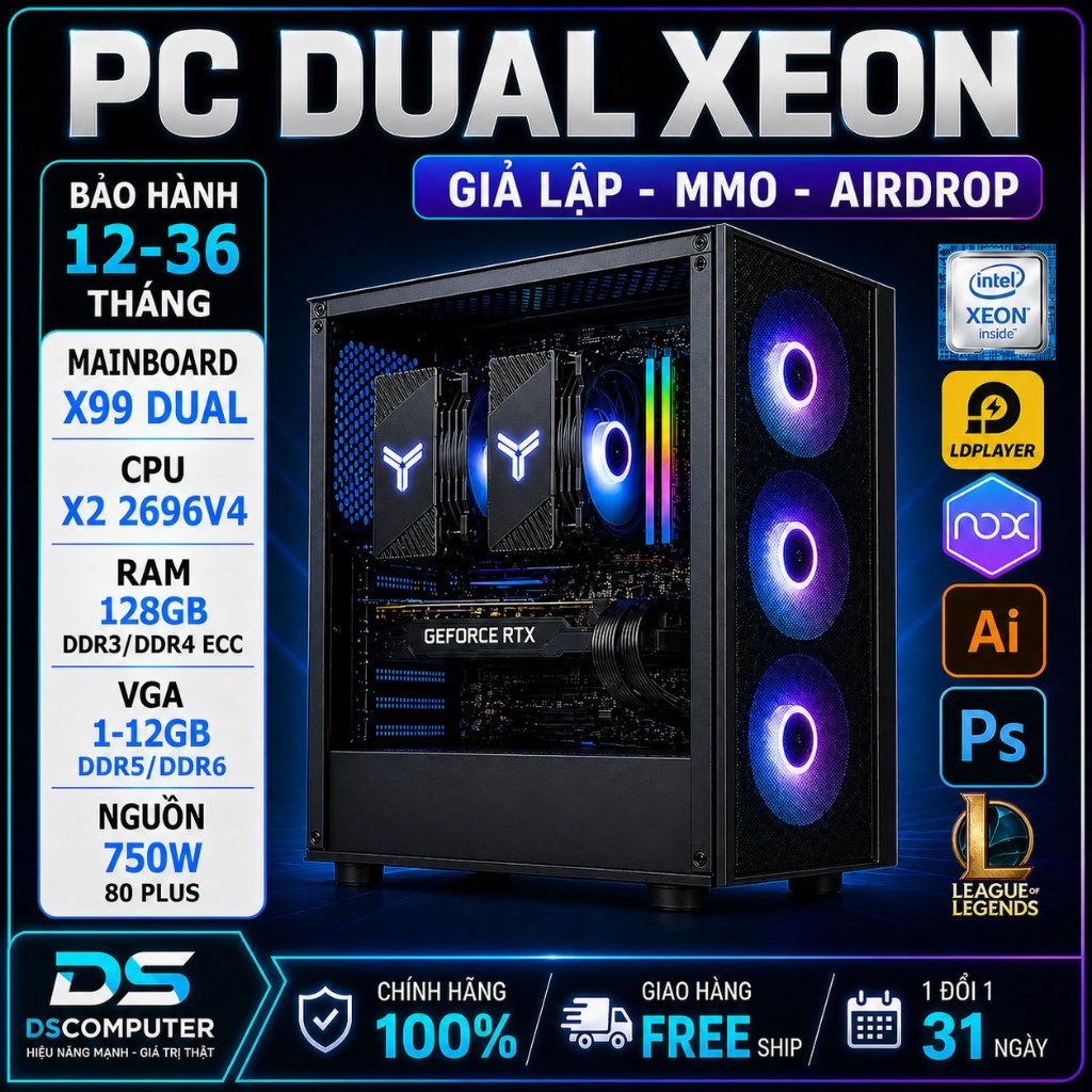 Case Max cấu hình Xeon Dual E5 2696V4 Ram 128GB 44 Nhân 88 Luồng