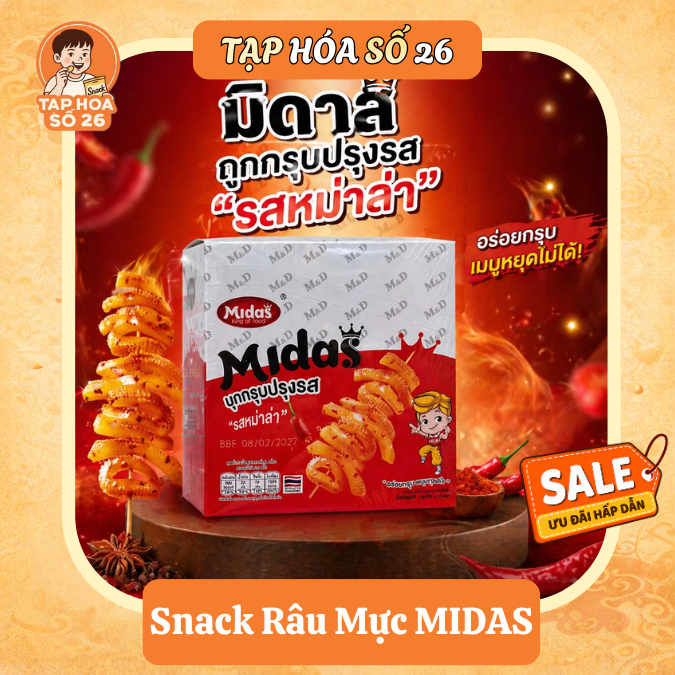 [1 hộp 20 Gói] Snack Râu Mực Midas - Khoai Nưa Cay Giòn Thái Lan