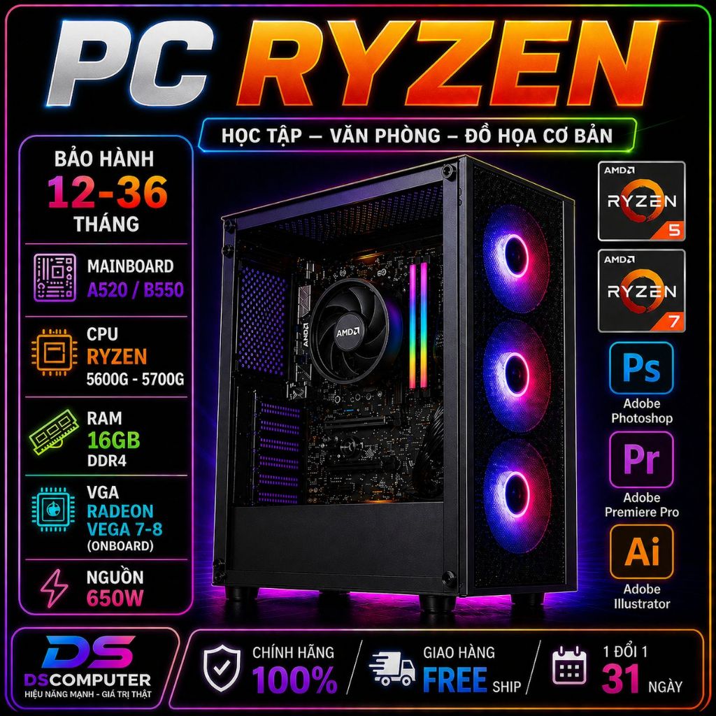 Bộ máy tính Ryzen 5600G 6 Nhân 12 Luồng chơi game không cần card rời