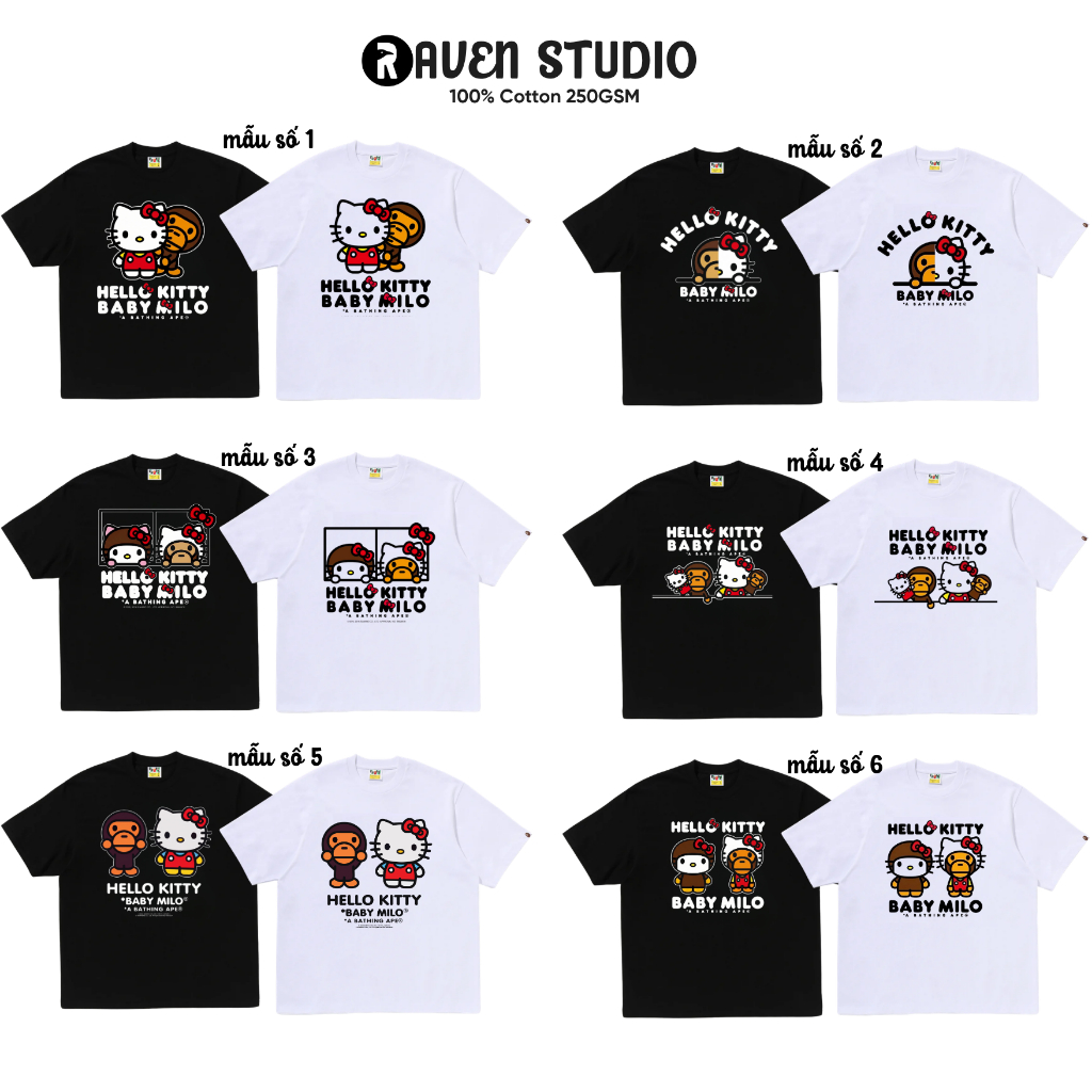 [Full Tag] Áo Thun Hello Kitty & Baby Milo - Bape 100% Cotton 250GSM Cao Cấp Oversize Raven Studio