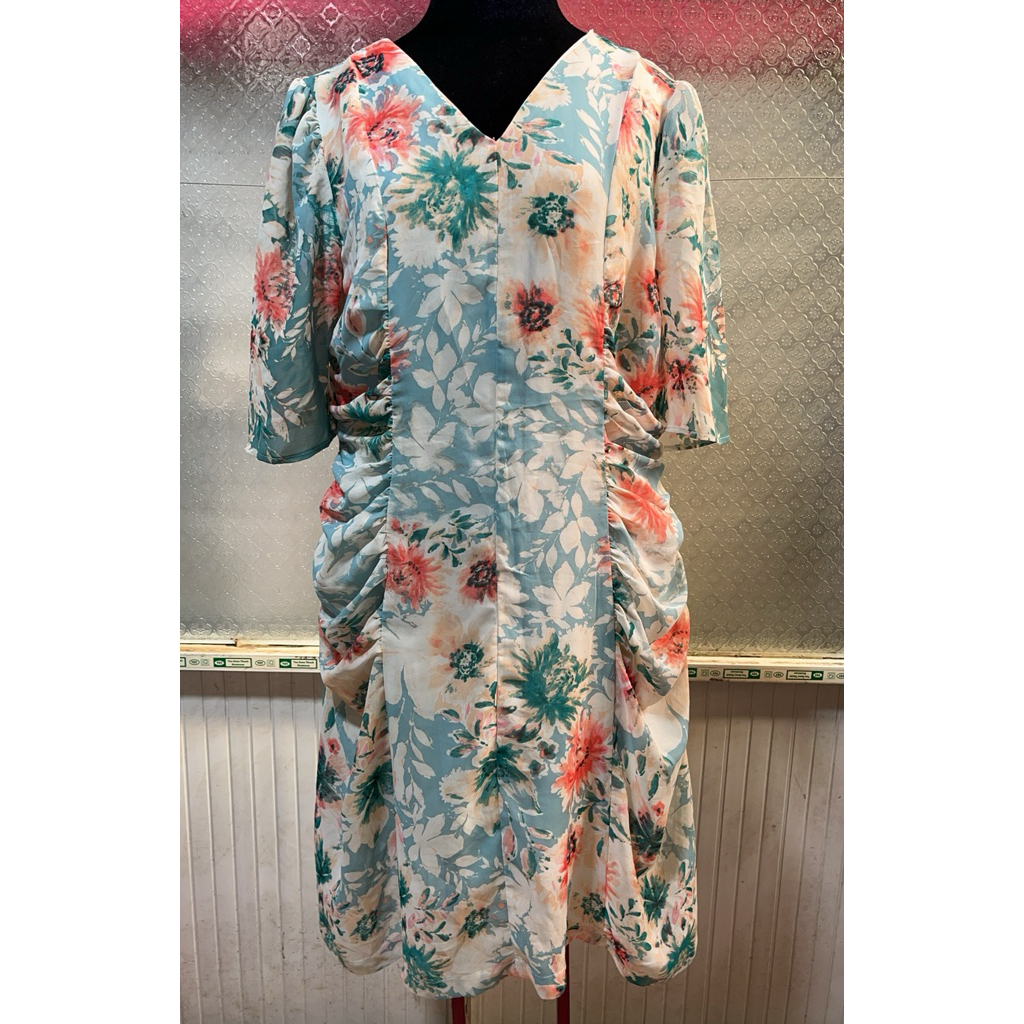82-EVERICH thanh lý - Đầm voan hoa cổ v nhún hông bymo - Size XL