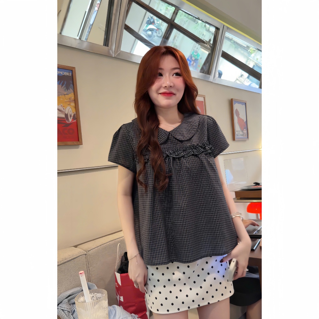 Áo sơ mi kẻ caro dáng rộng tay ngắn cổ sen bèo ngực xixeoshop - A43 | BigBuy360 - bigbuy360.vn
