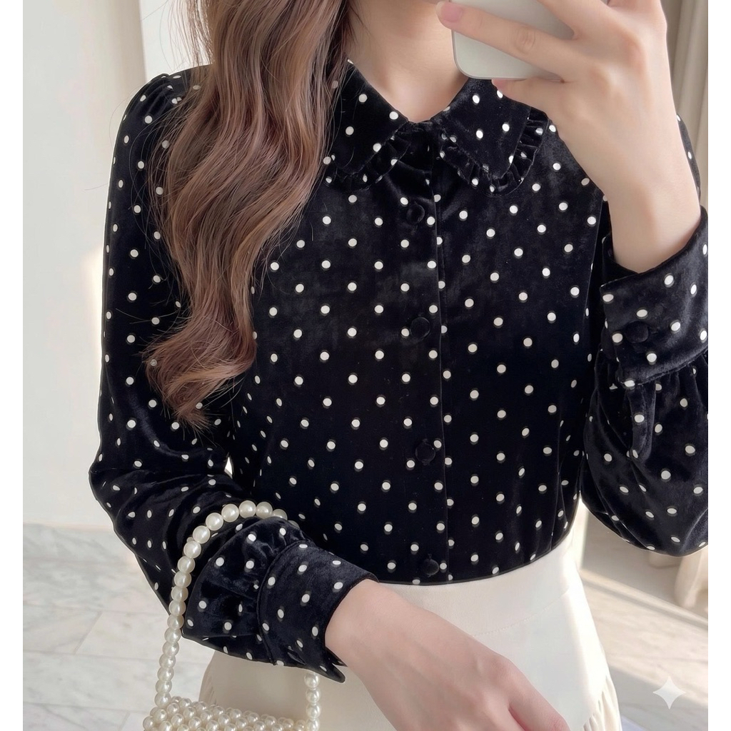 Áo lụa chấm bi cổ đức