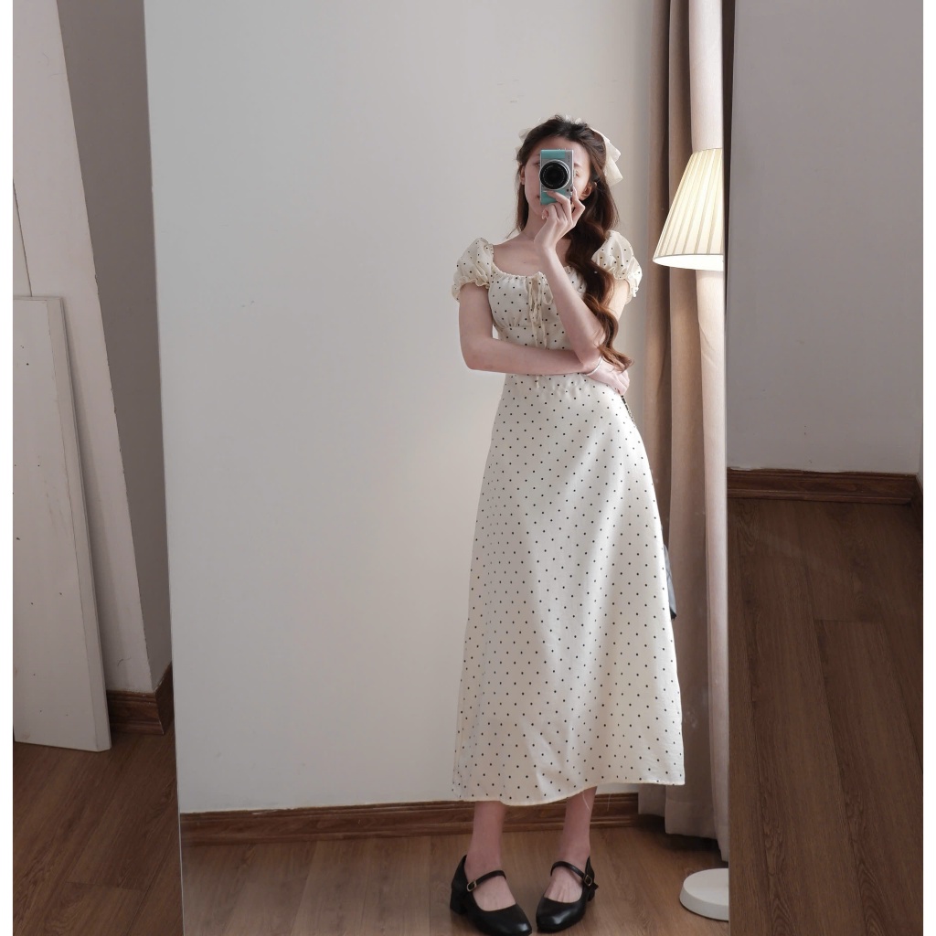 Váy cổ vuông chấm bi thắt nơ dáng dài phong cách tiểu thư xixeoshop - V107 | BigBuy360 - bigbuy360.vn