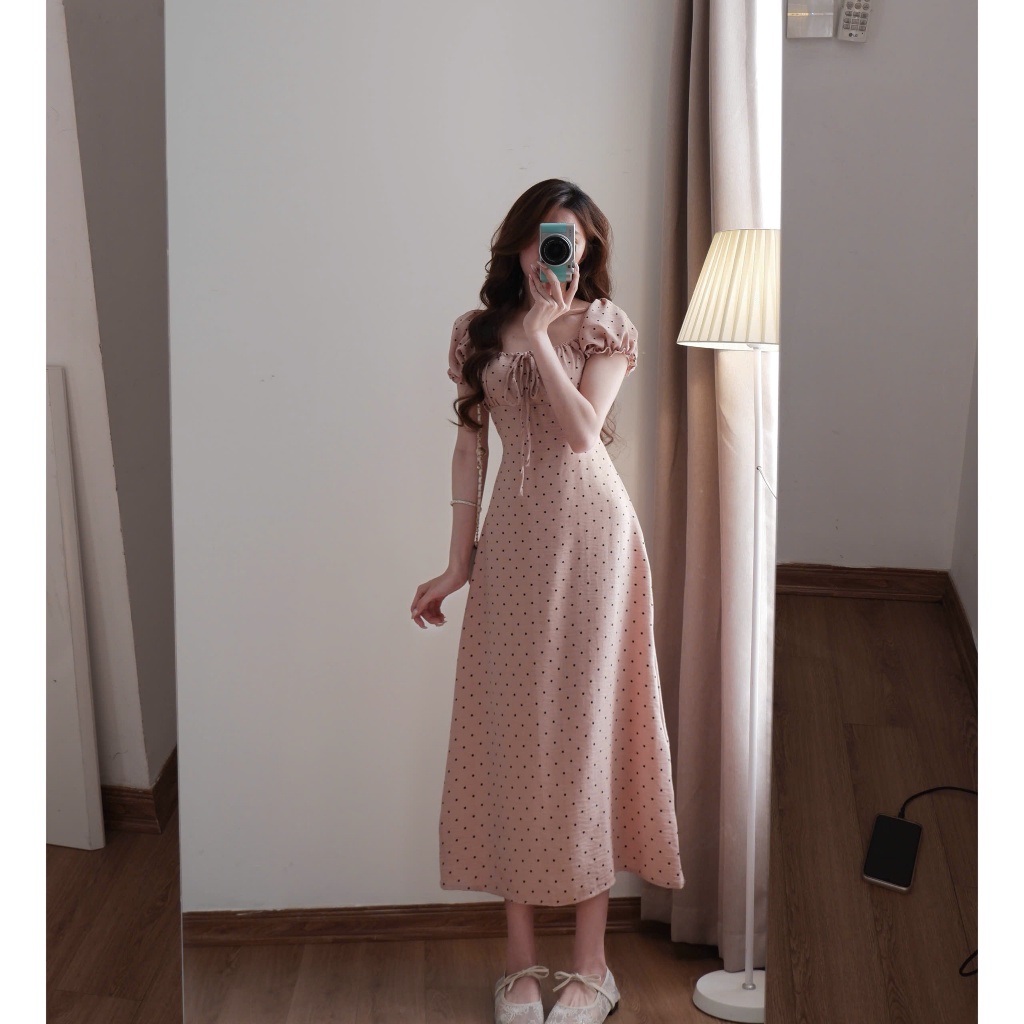 Váy cổ vuông chấm bi thắt nơ dáng dài phong cách tiểu thư xixeoshop - V107 | BigBuy360 - bigbuy360.vn