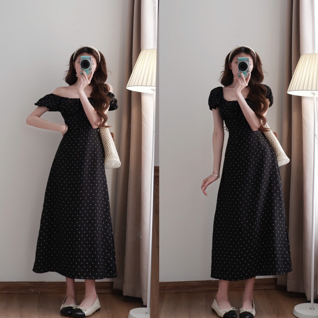 Váy cổ vuông chấm bi thắt nơ dáng dài phong cách tiểu thư xixeoshop - V107 | BigBuy360 - bigbuy360.vn
