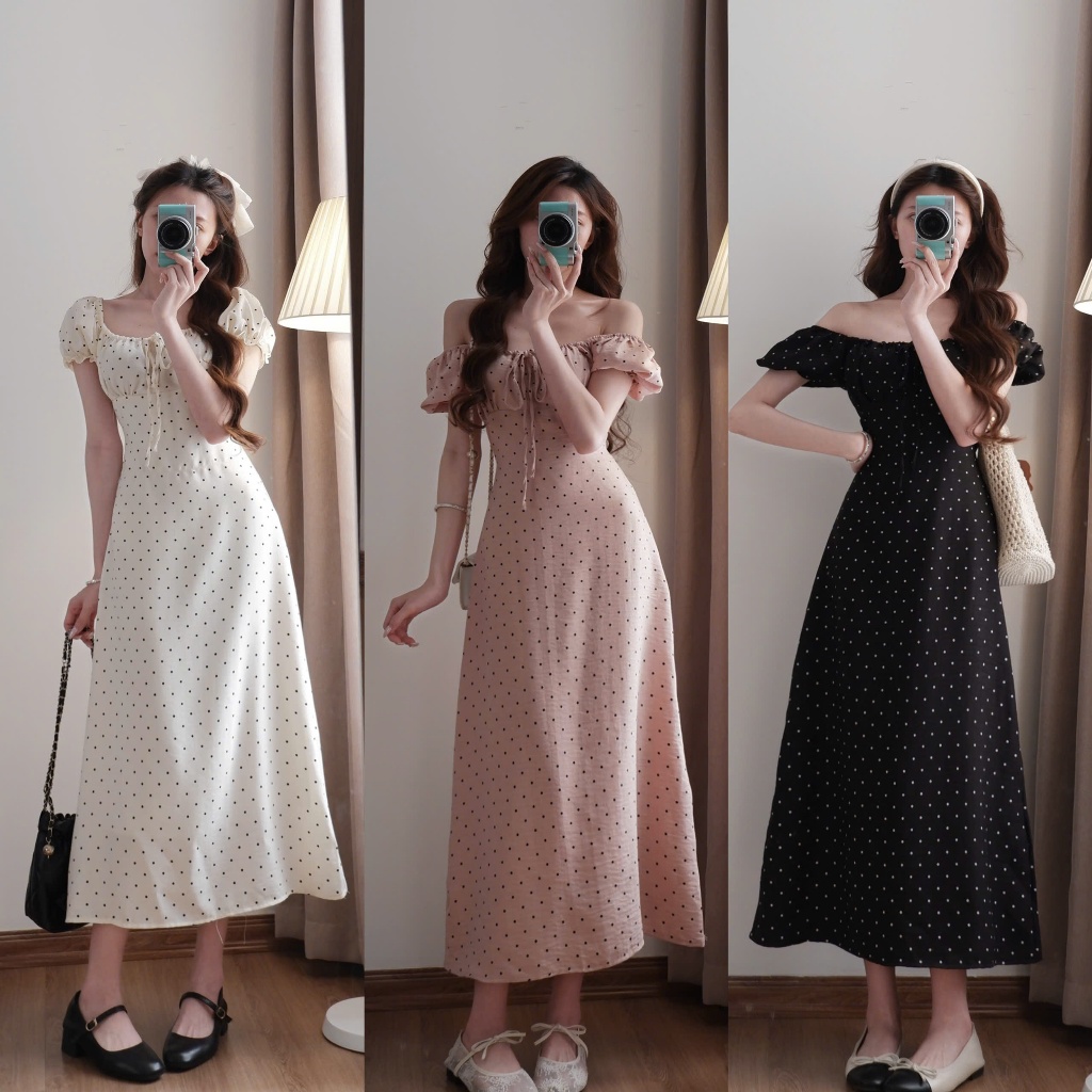 Váy cổ vuông chấm bi thắt nơ dáng dài phong cách tiểu thư xixeoshop - V107 | BigBuy360 - bigbuy360.vn