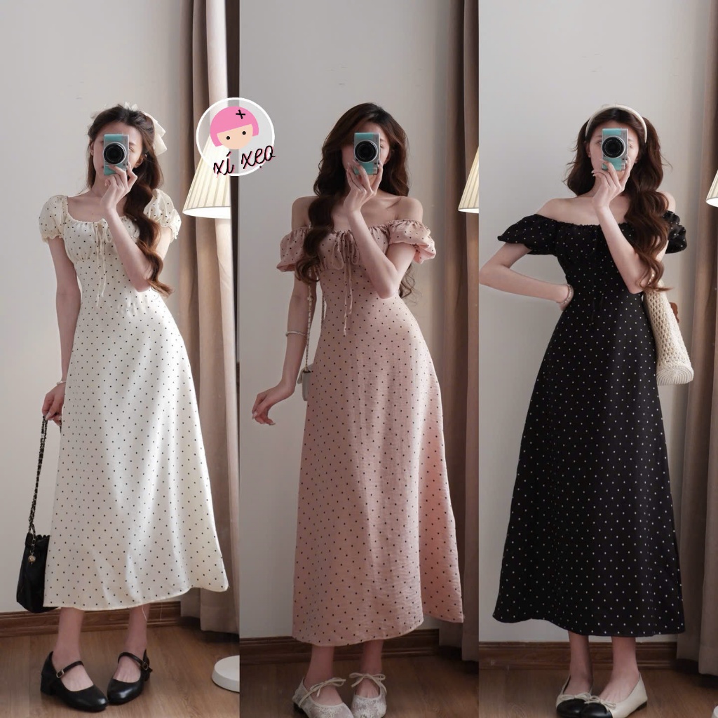 Váy cổ vuông chấm bi thắt nơ dáng dài phong cách tiểu thư xixeoshop - V107 | BigBuy360 - bigbuy360.vn