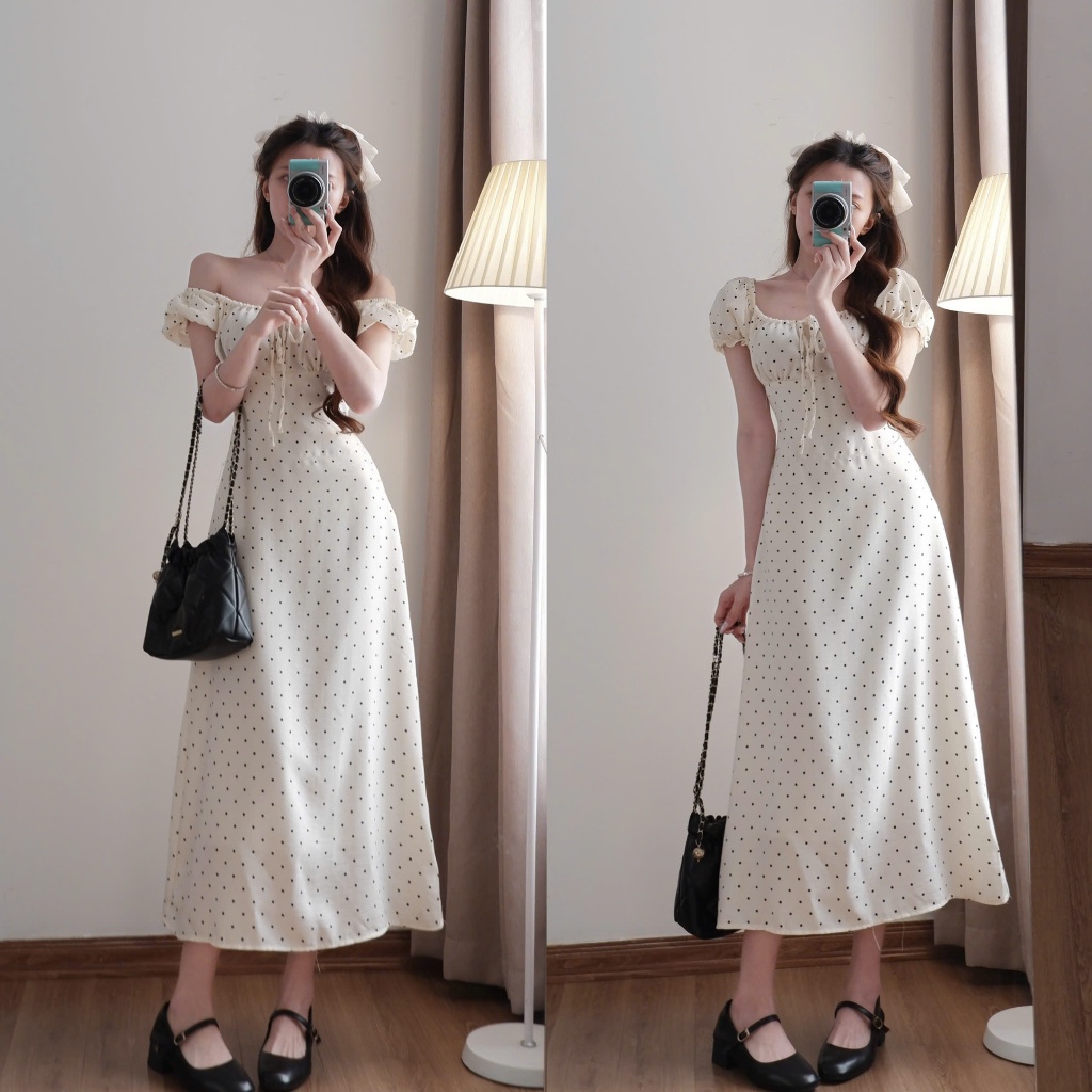 Váy cổ vuông chấm bi thắt nơ dáng dài phong cách tiểu thư xixeoshop - V107 | BigBuy360 - bigbuy360.vn