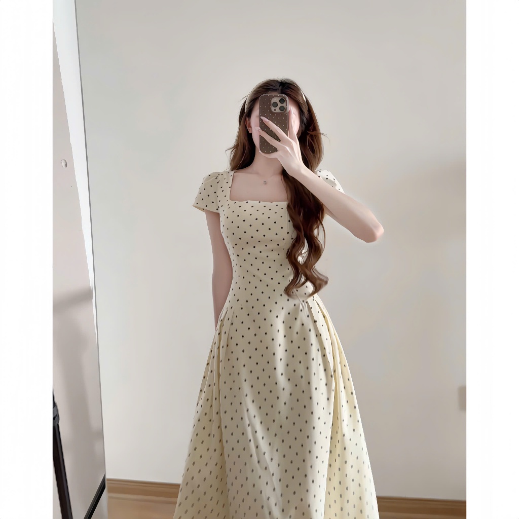 Váy chấm bi cổ vuông dáng xòe chiết li eo tay phồng hàn quốc xixeoshop - V80 | BigBuy360 - bigbuy360.vn