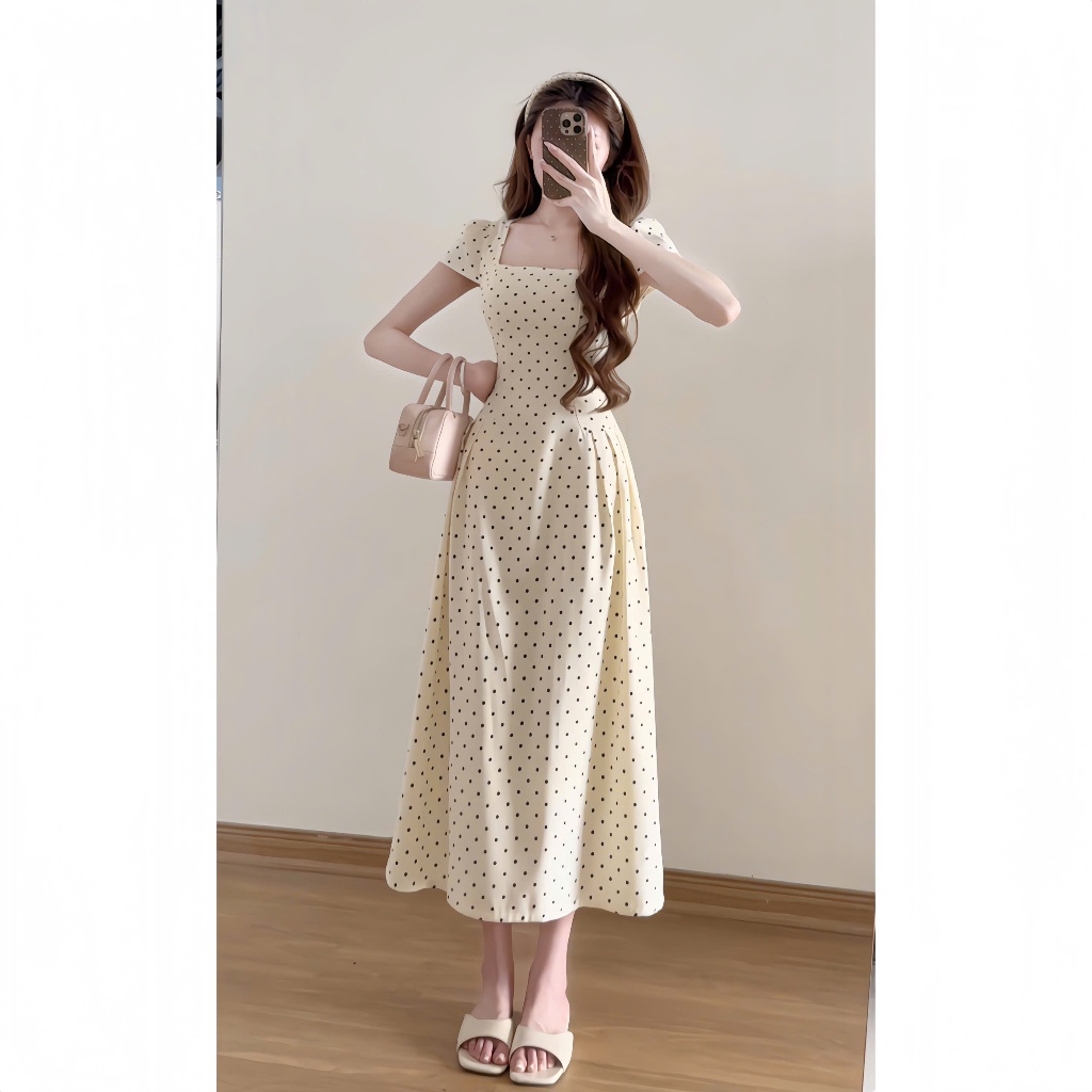 Váy chấm bi cổ vuông dáng xòe chiết li eo tay phồng hàn quốc xixeoshop - V80 | BigBuy360 - bigbuy360.vn