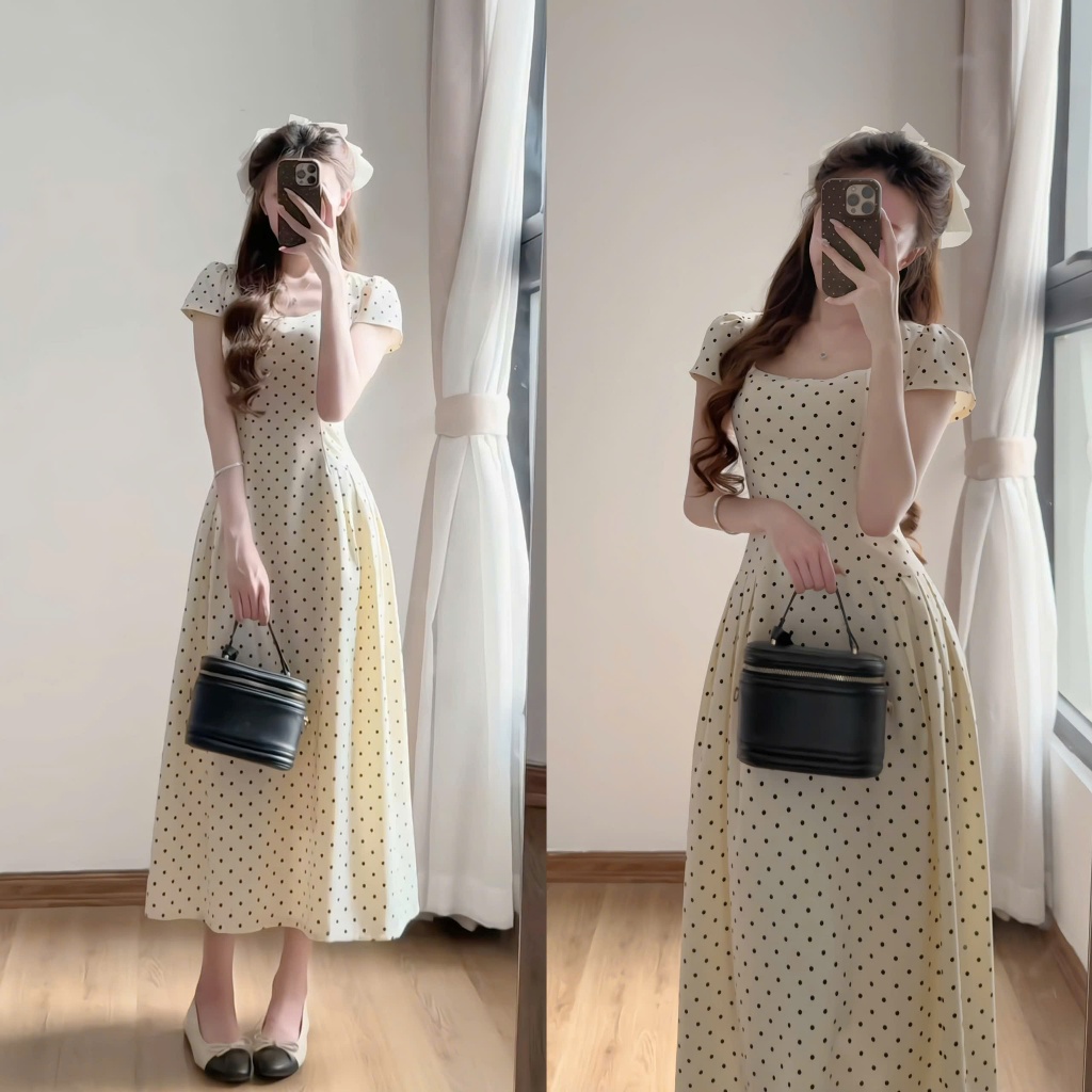 Váy chấm bi cổ vuông dáng xòe chiết li eo tay phồng hàn quốc xixeoshop - V80 | BigBuy360 - bigbuy360.vn