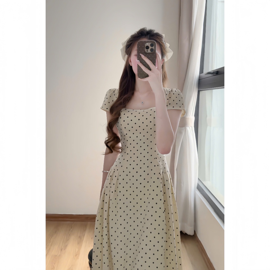Váy chấm bi cổ vuông dáng xòe chiết li eo tay phồng hàn quốc xixeoshop - V80 | BigBuy360 - bigbuy360.vn