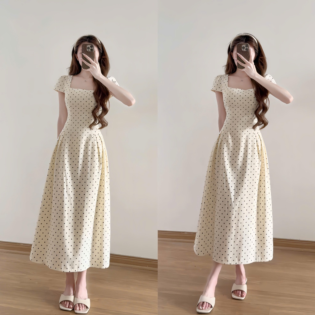 Váy chấm bi cổ vuông dáng xòe chiết li eo tay phồng hàn quốc xixeoshop - V80 | BigBuy360 - bigbuy360.vn