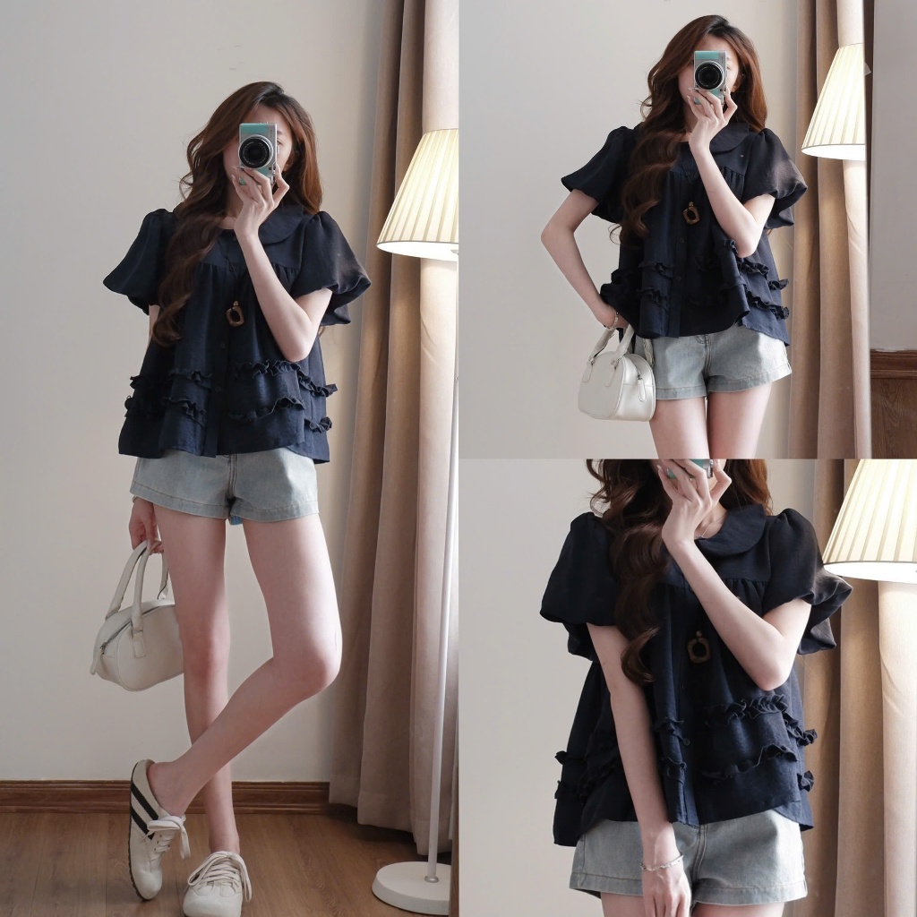 Áo babydoll cổ sen XIXEOSHOP phối bèo xinh tay phồng - A36 | BigBuy360 - bigbuy360.vn