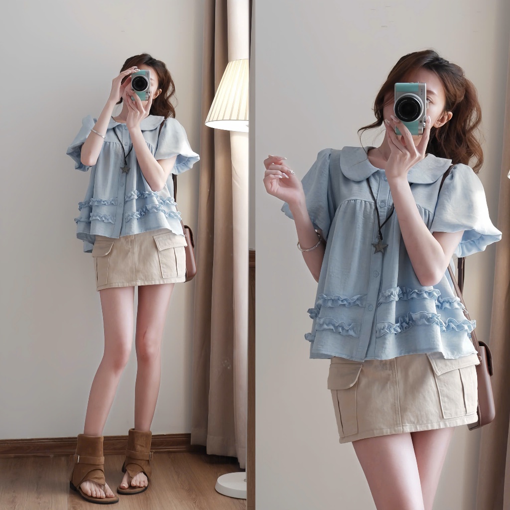 Áo babydoll cổ sen XIXEOSHOP phối bèo xinh tay phồng - A36 | BigBuy360 - bigbuy360.vn