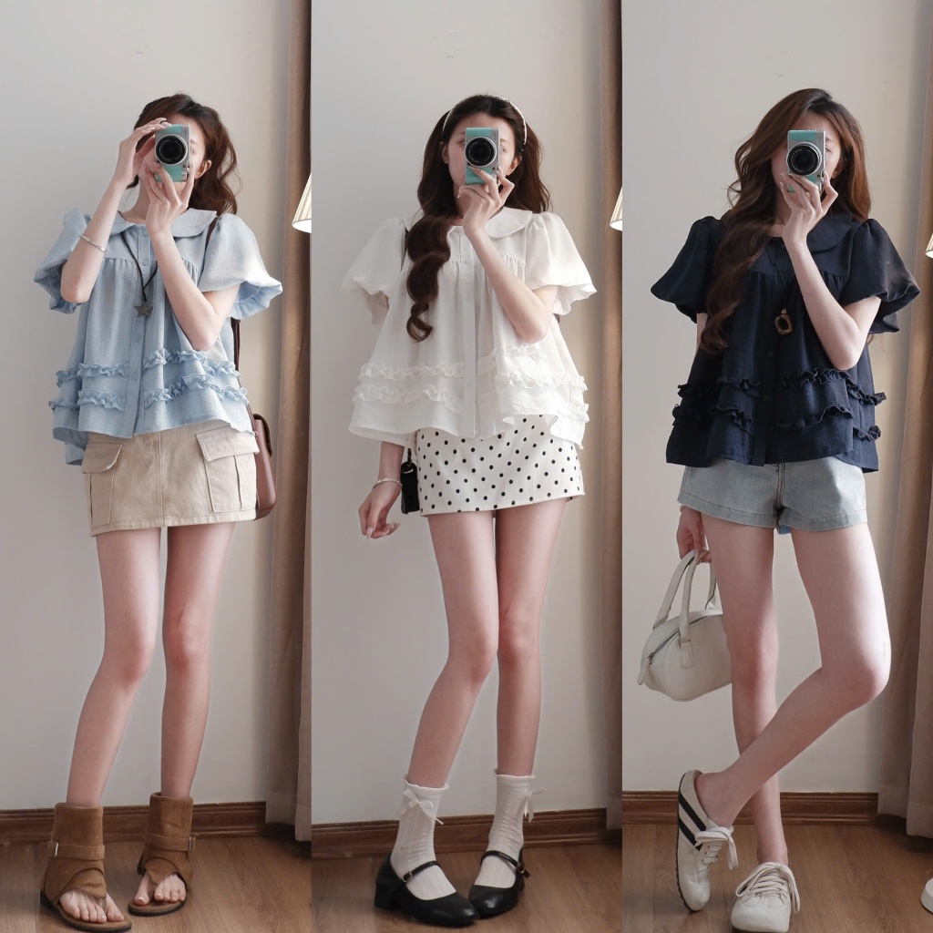 Áo babydoll cổ sen XIXEOSHOP phối bèo xinh tay phồng - A36 | BigBuy360 - bigbuy360.vn