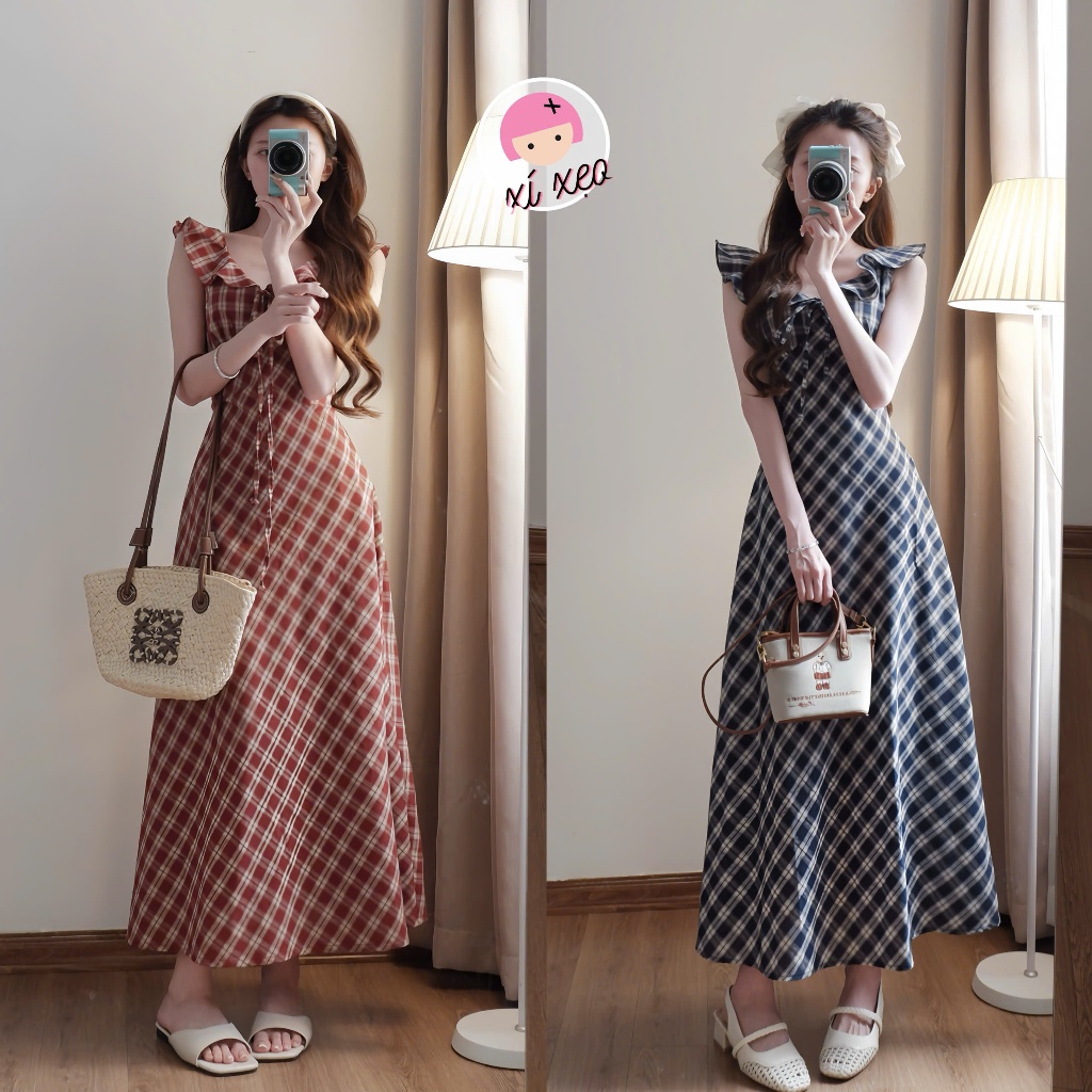 Váy caro bèo vai cổ V chiết eo thắt nơ phong cách hàn quốc xixeoshop - V165, V167 | BigBuy360 - bigbuy360.vn