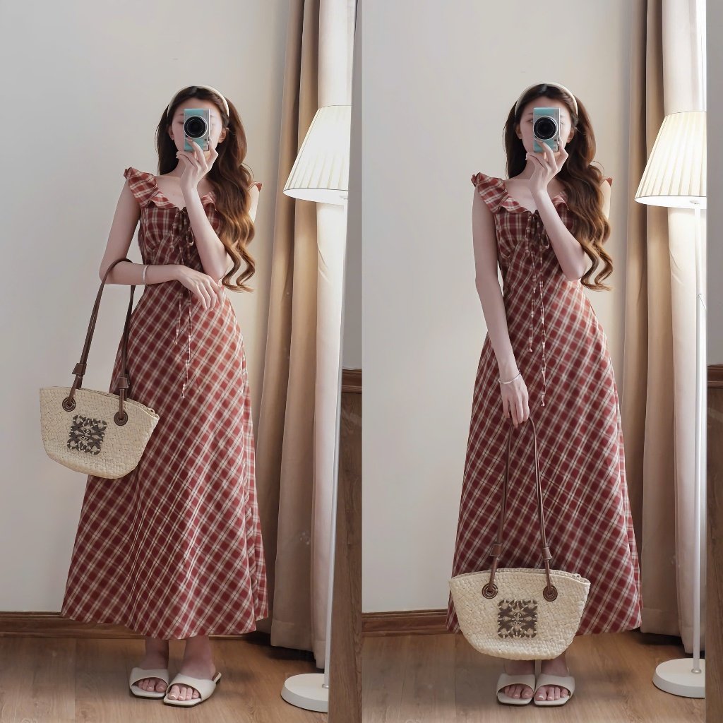 Váy caro bèo vai cổ V chiết eo thắt nơ phong cách hàn quốc xixeoshop - V165, V167 | BigBuy360 - bigbuy360.vn