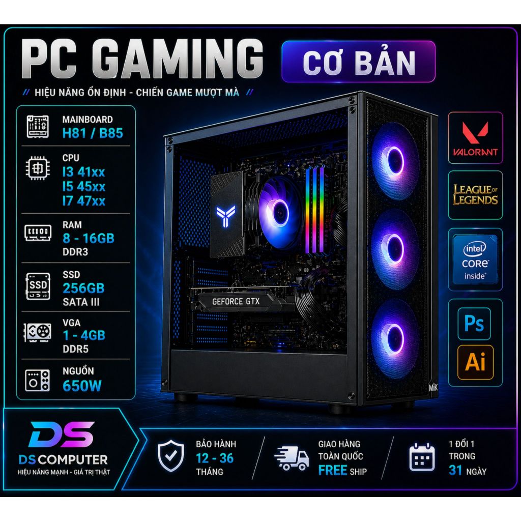 Bộ Máy Tính Case PC Chơi Game (H81,i3 4160, i5 4570, i7 4770 Ram 8G, SSD 128G, VGA GTX 650 BẢO HÀNH 12-36 THÁNG