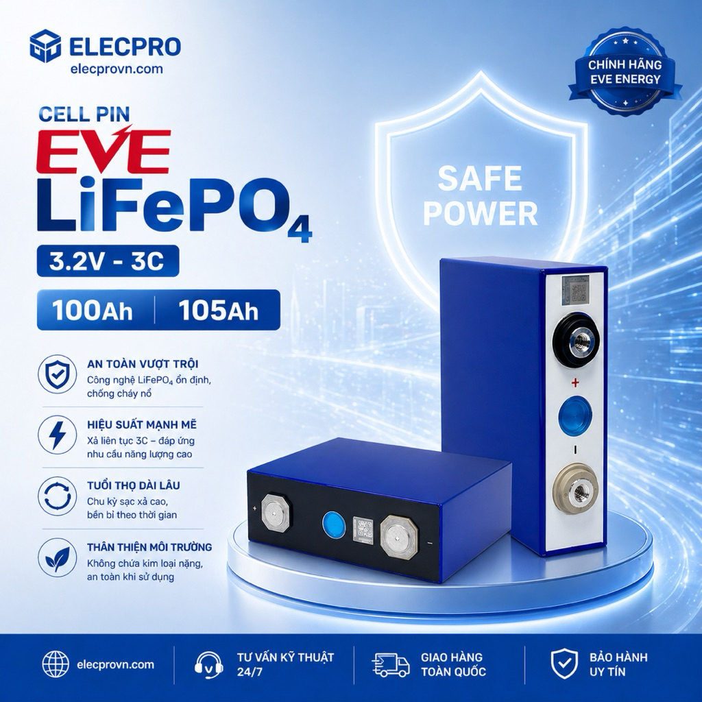 Pin Lithium 100Ah-105Ah,Cell Pin EVE LiFePO4 3.2V-100Ah-3C,105Ah-3C,Chính Hãng,Có VAT