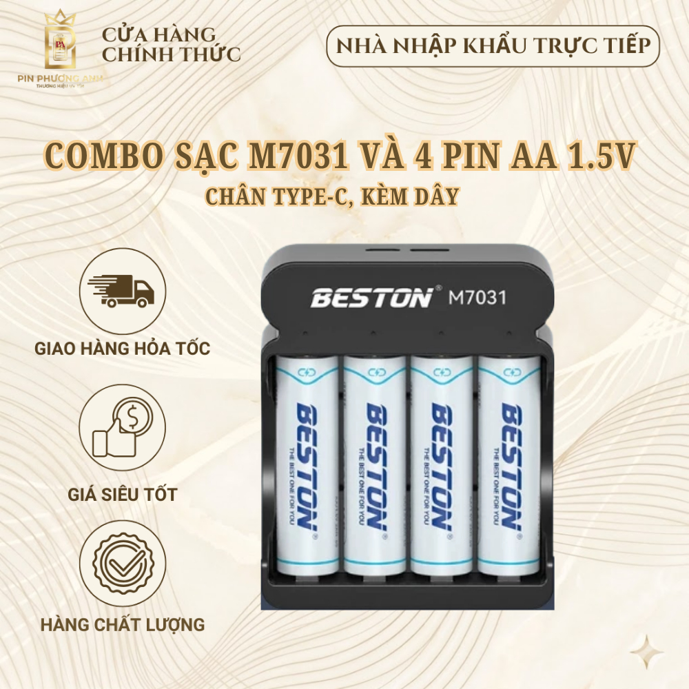 Combo sạc m7031 và 4 pin AA 1.5V Type-C - Sạc nhanh, an toàn.