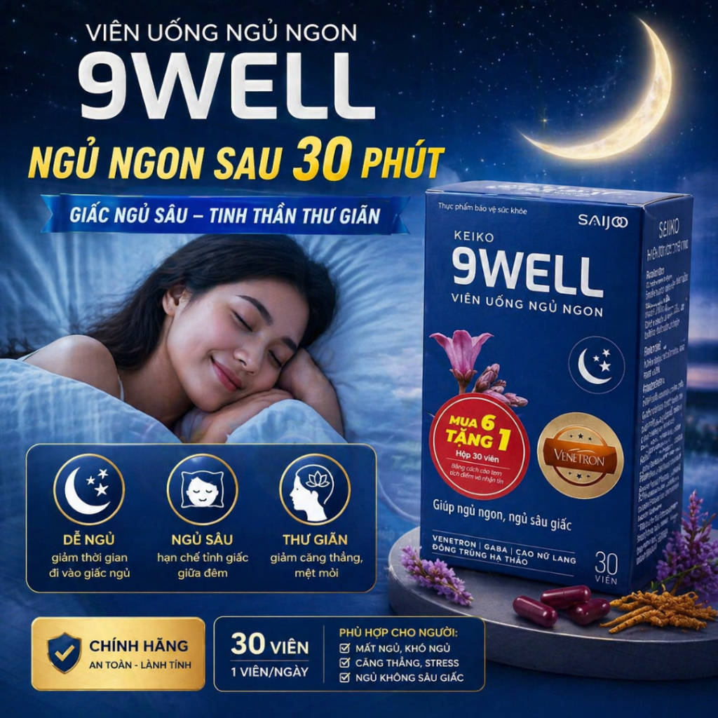 Viên Uống Ngủ Ngon 9WELL Chính Hãng Hộp 30 Viên - Hỗ Trợ Dễ Ngủ, Ngủ Sâu, Thư Giãn