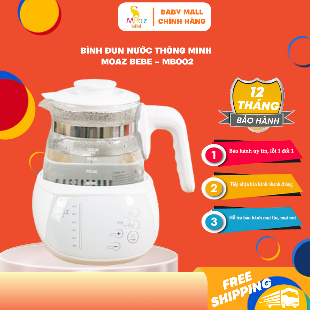 Bình đun nước pha sữa Moaz Bebe MB002 - MB099 - MB115 khử clo, pha sữa, pha trà, pha cafe bảo hành 1