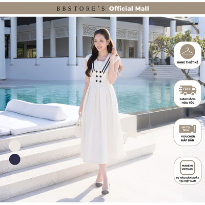 BBSTORES Đầm Xòe Công Sở Cotton Dài Cổ V Viền Nổi Kết Nút Bọc Vải - DAE25B
