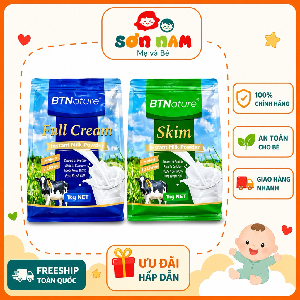 Sữa tươi dạng bột nguyên kem BTNature Premium Full Cream Bổ sung canxi, chắc khỏe xương khớp Lon 1kg