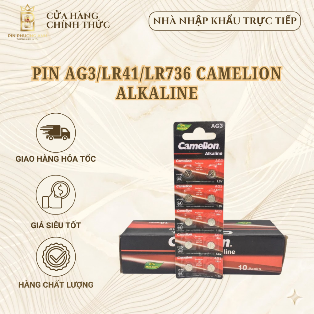 10Pin AG3 Camelion Alkaline 1.5V 392 LR41 LR736 Pin nút áo lắp đèn led, đồ chơi, đèn lazer, nhiệt kế