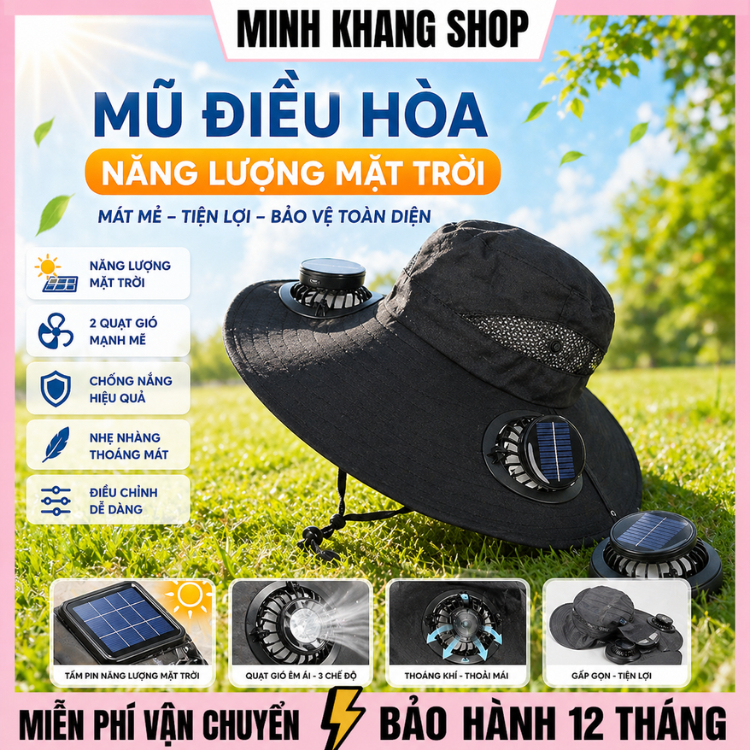 Mũ chống nắng gắn quạt điều hòa chạy pin tích hợp năng lượng mặt trời vành rộng .mũ du lịch câu cá d
